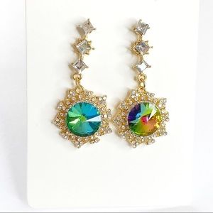 Rainbow Crystal Snowflake Gold Tone Drop Earrings